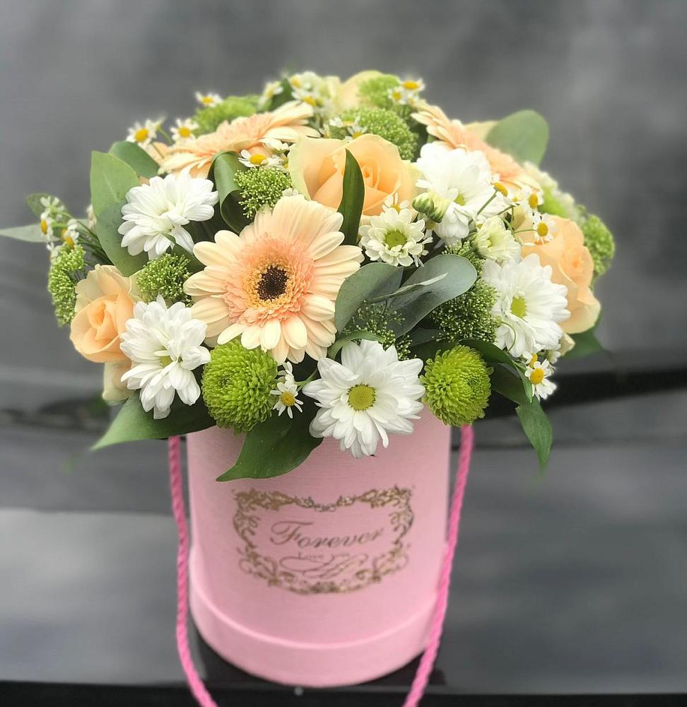 Цветочная композиция из Розы, Герберы и Хризантемы в шляпной коробке в Иншинский